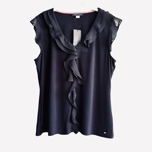 NEW Tommy Hilfiger Cascade Ruffle Blouse Mixed Media Top Navy Blue Size L